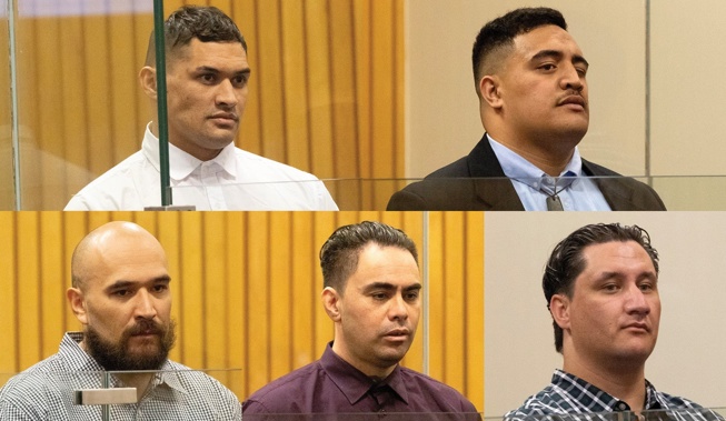 On trial for the murder of Mark Hohua are Tribesemen gang members (clockwise from left) Te Patukino Biddle, Ngahere Tapara, Dean Collier, Conway Rapana and Heremaia Gage. Photo / Andrew Warner