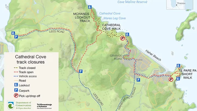 A detailed map of the track closures around Cathedral Cove.