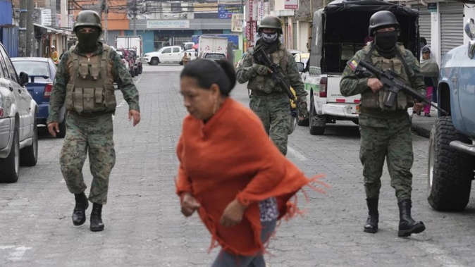 Soldiers patrol Inca prison during a state of emergency in Quito, Ecuador. Photo / AP