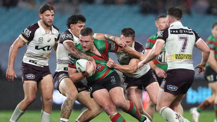 Sean Keppie of the Rabbitohs is tackled during the round 15 NRL match between South Sydney Rabbitohs and Brisbane Broncos at Accor Stadium, on June 14, 2024, in Sydney, Australia. (Photo by Cameron Spencer/Getty Images)