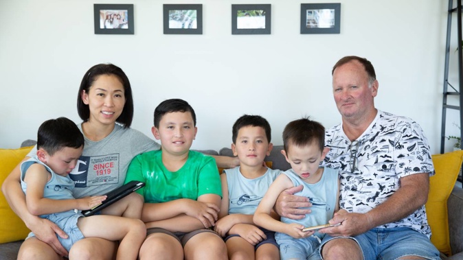 Sharon Choo, Barry Eade, and their children Riccardo (left), Sebastian, Alexander and Nicolas. Photo / Sylvie Whinray