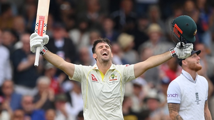 Australia batter Mitchell Marsh celebrates his century during day one of the LV= Insurance Ashes 3rd Test Match between England and Australia. Photo / Getty