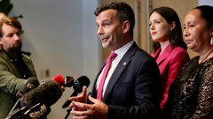 Act leader David Seymour fronts media while flanked by Cabinet minister Brooke van Velden, and Nicole McKee, at the 2024 annual rally. Photo / Alex Burton
