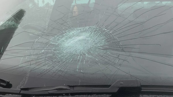 The damage to Wai Murrel's car after a brick was hurled off an overbridge.