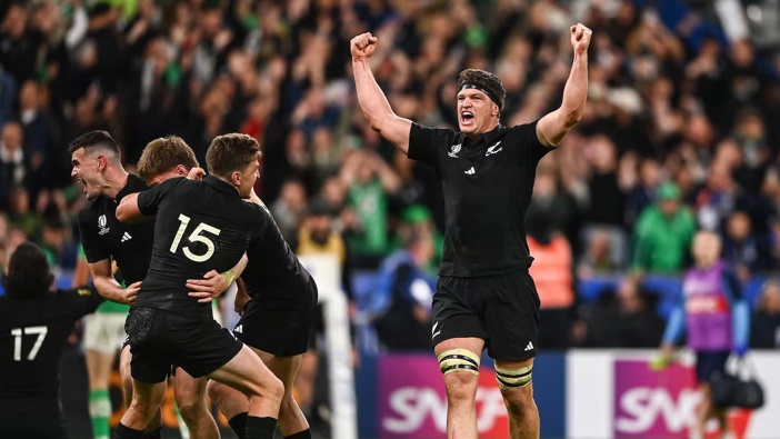 Scott Barrett celebrates at the 2023 Rugby World Cup. Photo / Getty Images