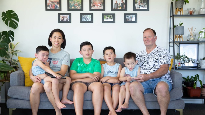 Sharon Choo, Barry Eade, and their children (L-R) Riccardo, Sebastian, Alexander and Nicolas. While Barry and the children are all NZ citizens, Immigration NZ has declined the mother of four residency because her husband has previously sponsored others from overseas. Photo / Sylvie Whinray