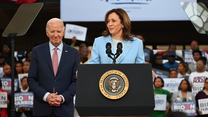 Vice President of the United States Kamala Harris (R) delivers remarks alongside President of the United States Joe Biden (L) at a campaign rally at Girard College in Philadelphia, Pennsylvania, United States on May 29, 2024. Joe Biden and Kamala Harris rally African-American voters to garner support. (Photo by Kyle Mazza/Anadolu via Getty Images)