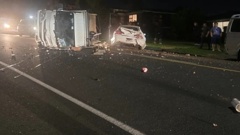 A truck collided with parked vehicles last night on Gossamer Drive, Pakuranga Heights, Auckland.