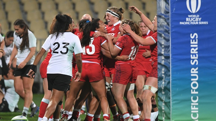 Fancy Bermudez (C) of Canada is celebrating with her teammates after scoring a try during the 2024 Pacific Four Series match against the Black Ferns. Photo / Getty Images