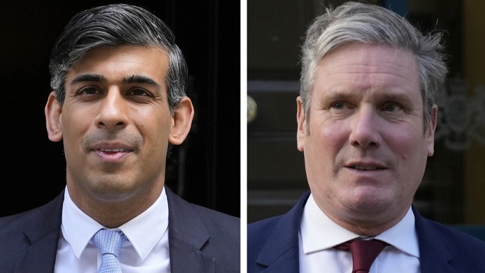 This combo image shows Britain's Prime Minister Rishi Sunak in London, Wednesday, May 15, 2024, left, and Leader of the opposition Labour party and Keir Starmer, right, in London, Monday, Oct. 31, 2022. (AP Photo)