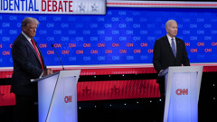 President Joe Biden, right, and Republican presidential candidate former President Donald Trump stand during a presidential debate hosted by CNN, Thursday, June 27, 2024, in Atlanta. (AP Photo/Gerald Herbert)