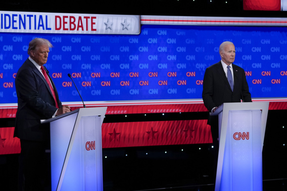 President Joe Biden, right, and Republican presidential candidate former President Donald Trump stand during a presidential debate hosted by CNN, Thursday, June 27, 2024, in Atlanta. (AP Photo/Gerald Herbert)