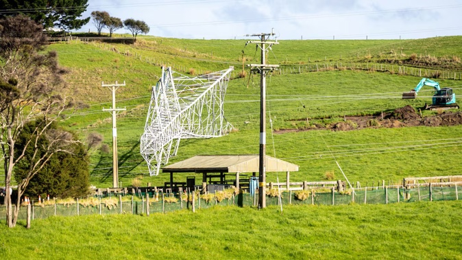 A downed pylon near Wellsford. The incident caused nearly 100,000 people in Northland to spend a day without electricity last Thursday. Photo / Michael Craig