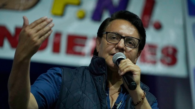 Presidential candidate Fernando Villavicencio speaks during a campaign event at a school minutes before he was shot to death outside the same school in Quito, Ecuador. Photo / AP