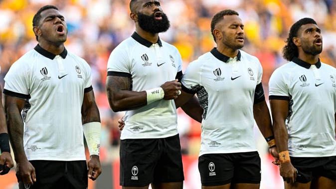 Fiji players during the national anthems at Stade Geoffroy-Guichard, Saint-Étienne, France. Photo / Photosport