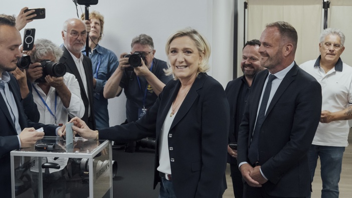 Marine Le Pen, leader of National Rally, casts her ballot at a polling station during the first round of legislative elections in Henin-Beaumont, France, on Sunday, June 30, 2024. Photo / Cyril Marcilhacy/Bloomberg via Getty