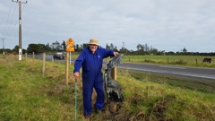 Far North farmer Paddy Gleeson wants action now on the stretch of SH10 outside his property at Kaingaroa after three vehicles in one week, including one towing a boat, crashed into his paddock in wet weather. Photo / Mike Dinsdale